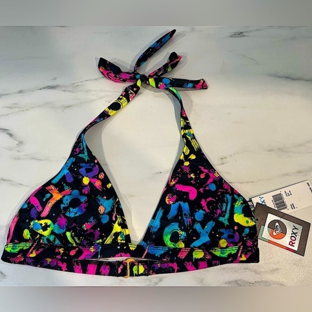 Roxy Neon Multicolored Colorful Halter Bikini Top, Large